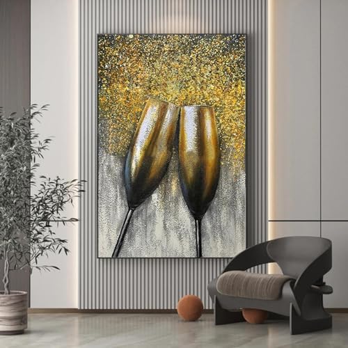 Goldenes Weinglas, Champagner, abstrakte Kunst, Leinwandgemälde, Druck auf Leinwand, Poster für Küche, Esszimmer, Dekoration, 60 x 80 cm (24 x 31 Zoll), mit schwarzem Rahmen von KDXAOBEI