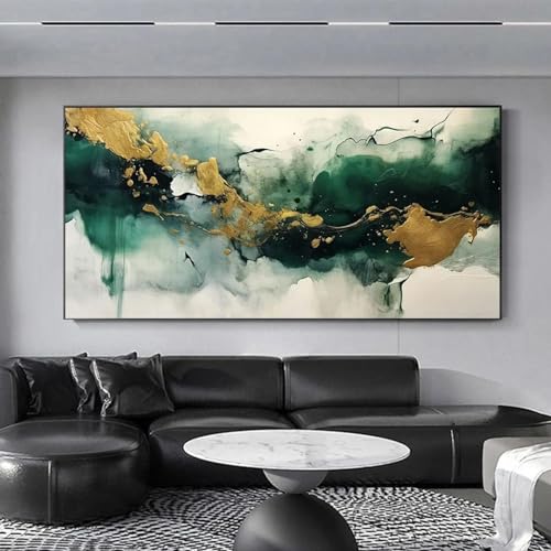 KDXAOBEI Grünes, weißes und goldenes abstraktes Gemälde, Marmor-Wandkunst, Bild für Wohnzimmer, Leinwand, moderne Kunst, Posterdruck, Dekoration, 85 x 170 cm (33 x 67 Zoll), ohne Rahmen von KDXAOBEI
