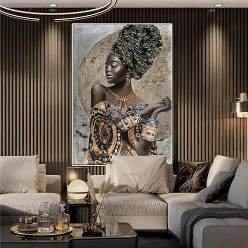 KDXAOBEI Afrikanische schwarze Frau, Gemälde auf Leinwand, abstraktes afrikanisches Mädchen, Poster und Drucke, Wandkunst für Wohnzimmerdekoration, 80 x 110 cm (31 x 43 Zoll) mit schwarzem Rahmen von KDXAOBEI