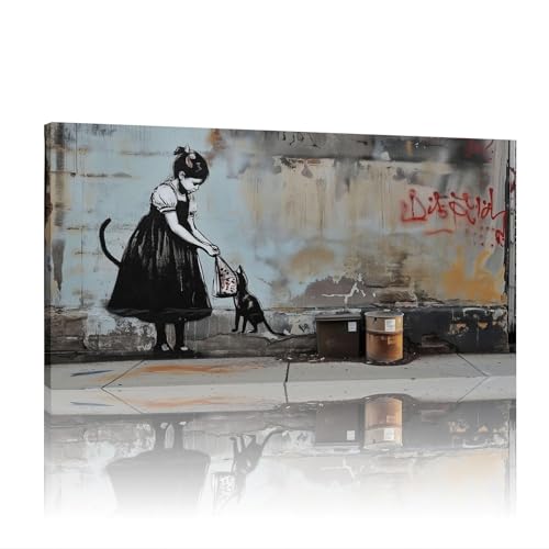 KDXAOBEI Banksy-Leinwandkunst, Mädchen füttert Katze, Bilder, Wanddekoration, Graffiti-Poster, Drucke, Street-Pop-Gemälde, moderne Kunstwerke, groß, 21 x 40 cm (8 x 16 Zoll), mit Rahmen von KDXAOBEI