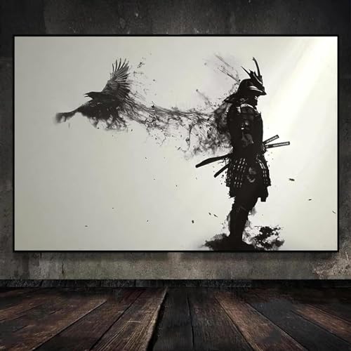 KDXAOBEI Japanisches Gemälde „Samurai-Mann-Krieger mit einer fliegenden Krähe“, Kunstposter auf Leinwand, Wandkunstdruck, Bild für Raumdekoration, 80 x 120 cm (31 x 47 Zoll) Innenrahmen von KDXAOBEI