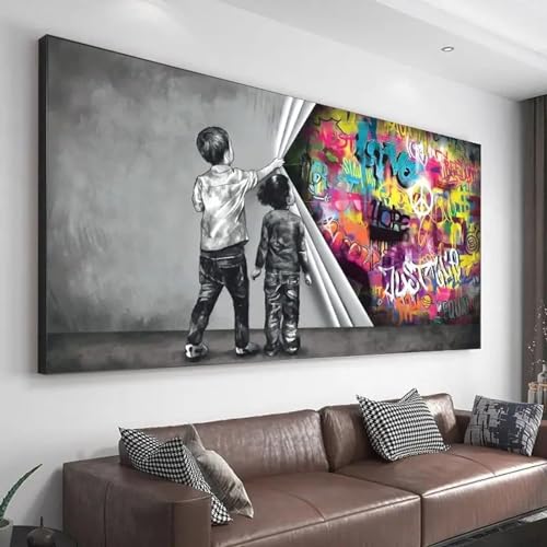 KDXAOBEI Leinwand-Wandkunst mit Rahmen, großes Format, Kinder-Graffiti, abstrakte Wandkunst, Bild, Leinwand, Wohnzimmer, dekorative Gemälde, Drucke, 70 x 140 cm (28 x 55 Zoll), mit schwarzem Rahmen von KDXAOBEI