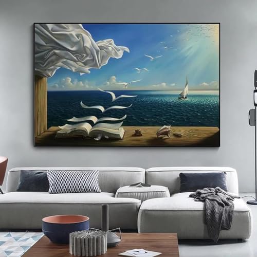 KDXAOBEI Salvador Dali Gemälde Wandkunst Das Wellenbuch Segelboot Gemälde auf Leinwand Surrealismus Kunstposter und Drucke Bilder 80 x 110 cm (31 x 43 Zoll) mit schwarzem Rahmen von KDXAOBEI