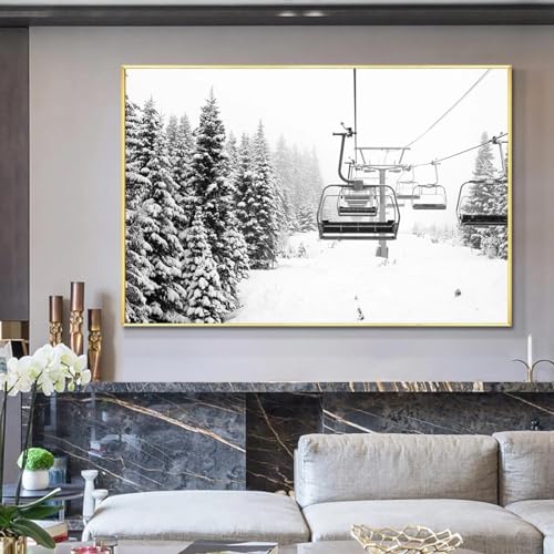 KDXAOBEI Schwarz-weißer Foto-Leinwanddruck, Natur, Schnee, Fichte, Skilift, Landschaft, Wandkunst, Poster für Wohnzimmerdekoration, 80 x 120 cm (31 x 47 Zoll), ohne Rahmen von KDXAOBEI