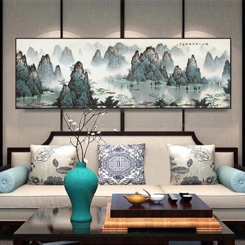 Wandgemälde im chinesischen Stil, Tinte, großes Gemälde, Wandkunst, Landschaft, Leinwand, Gemälde, Wohnzimmer, Schlafzimmer, Wandkunst, Poster, Dekoration, 40 x 120 cm (16 x 47 Zoll), ohne Rahmen von KDXAOBEI