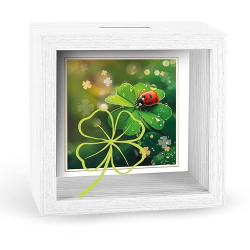 KE - Spardose mit Kleeblatt und Käfer Motiv - Dekorative Geldkassette mit Folienprägung auf der Scheibe - Ideal zum Sparen und Verschenken von KE