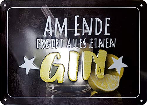 KE - Vintage Blechschild mit Spruch, Wand-Dekoration im Retro-Stil, Metall-Schild Geschenk-Idee, 15x21cm - Motiv: Gin von KE