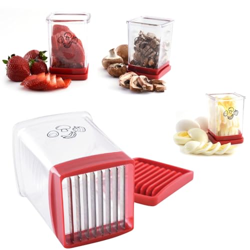 Obstschneider mit Behälter,Fruit Slicer Cutter Cup,Strawberry Cup Slicer,Obst Schneider Erdbeerschneider,Kitchen Gadgets,Multifunktionaler Edelstahl-Obstschneider für Erdbeer Bananen Kartoffel (Rot) von KEAAN