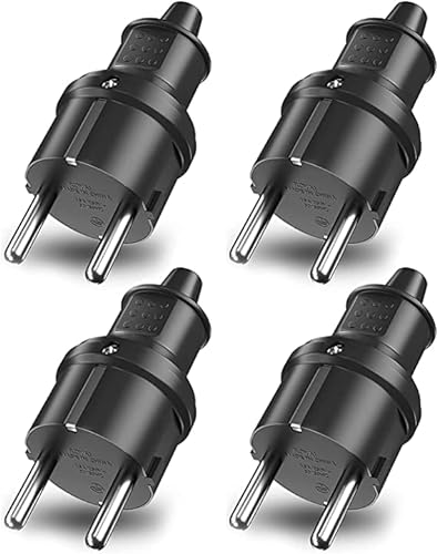 KEAGAR Schutzkontakt-Stecker mit Knickschutztülle, Stecker 250V (16A), spritzwassergeschützt und langlebig Kann für 6-16mm Kabel Schutzkontakt Stecker aus SEBS, IP44, bruchfest, schwarz, 4 Stück von KEAGAR