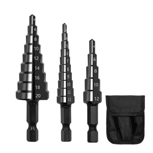 KEALBAUS 3 Stück 3 – 12 mm 4 – 12 mm 4 – 20 mm HSS Stufenbohrer mit gerader Nut, Kernbohrer-Set aus Holz und Metall von KEALBAUS