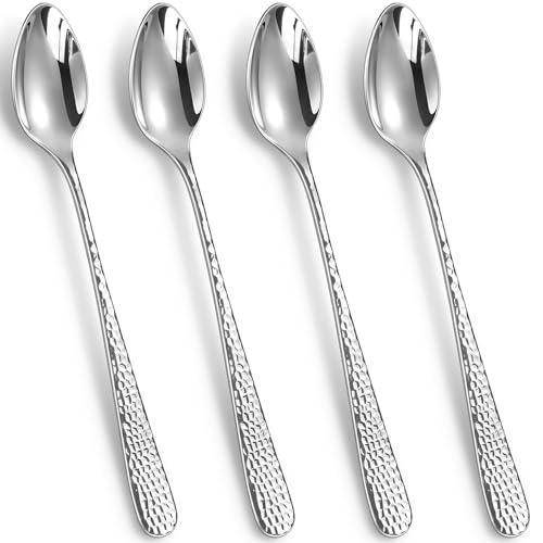KEAWELL Premium Louise gehämmerte Eisteelöffel mit langem Griff: 4-teilig/8-teiliges Set, 18/10 Edelstahl, lange Teelöffel, lange Kaffeelöffel, hell hochglanzpoliert, spülmaschinenfest (4, 19,1 cm) von KEAWELL