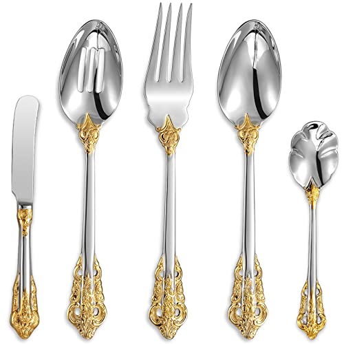KEAWELL Wunderschönes 5-teiliges Servierutensilien-Set aus 18/10 Edelstahl, spülmaschinenfest, goldener Akzent von KEAWELL
