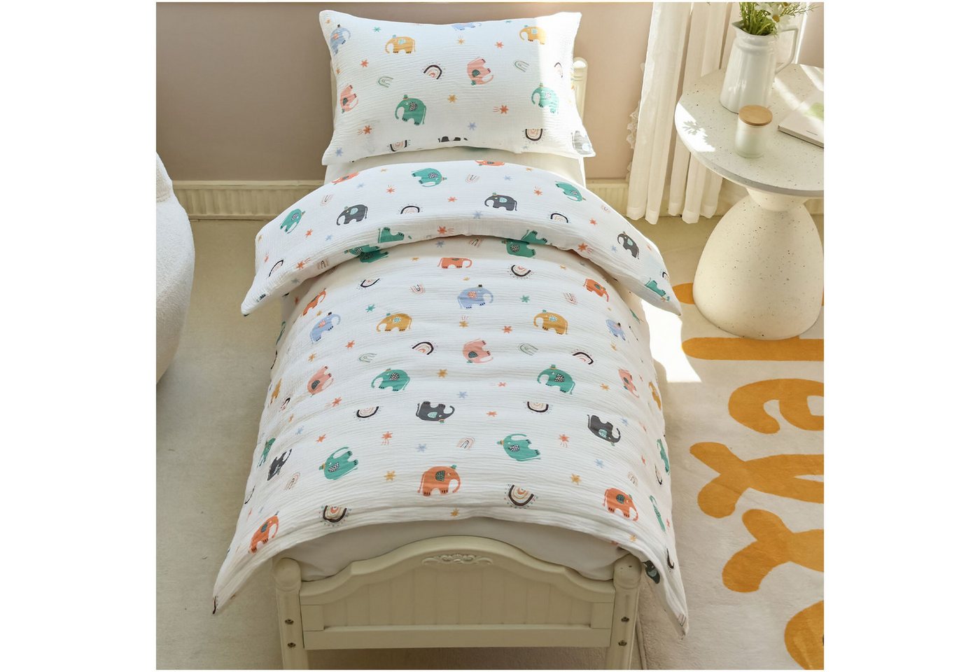 KEAYOO Kinderbettwäsche Muslin Bettwäsche Baumwolle Double Gauze, 2 teilig, Double Gauze Bettwäsche mit Elefantenmotiven für Kinder von KEAYOO