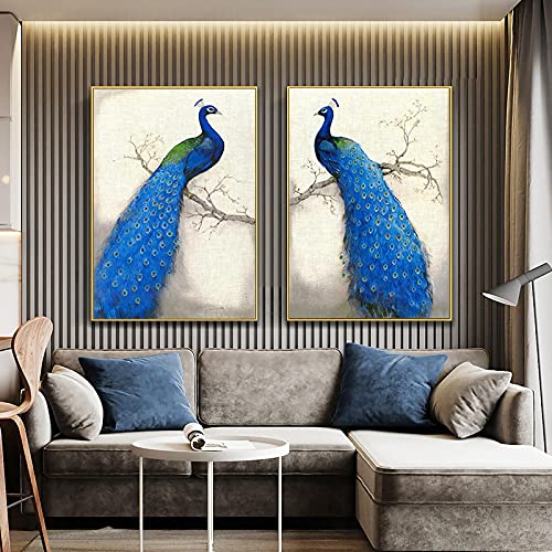 KEBIA Retro-Pfau-Tierkunst, Leinwandgemälde, Poster, Drucke, Pfau mit blauen Federn, Wandkunstbilder für Wohnzimmerdekoration, 60 x 80 cm x 2, rahmenlos von KEBIA