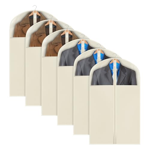 KEEGH Kleidersack 101cm x 60cm (6er Set), Anzugtasche Herren Kleiderhülle mit Reißverschluss Atmungsaktive Anzugtaschen für die Aufbewahrung im Kleiderschrank oder auf Reisen, Beige von KEEGH