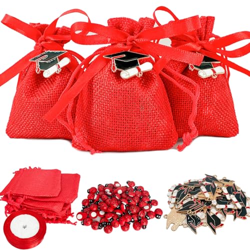 KEELYY 25Pz Bomboniere Laurea Sacchetti Portaconfetti Laurea, Con 25Pz Sacchetti Iuta Rossa Ciondoli Laurea Tocca Ciondoli Coccinella Confetti Nastro Rosso, Regalo Laurea FAI da Te von KEELYY