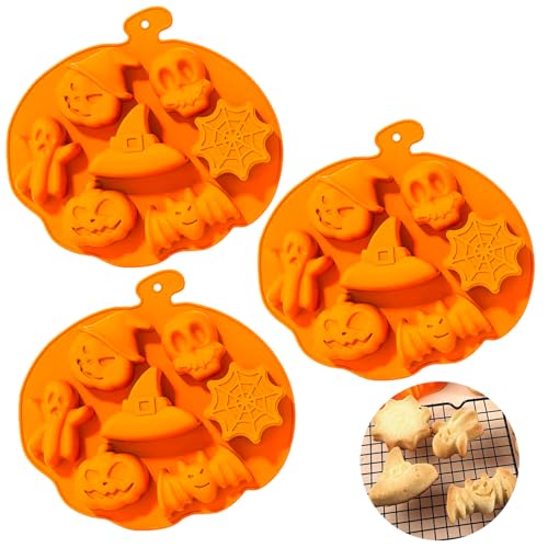 KEELYY 3 Stück Halloween Backform, Totenkopf Silikonform Kürbis Fledermaus Hexe Schädel Geisterform Backform, Halloween 3D Kuchenbackform für Küche DIY Backen von KEELYY