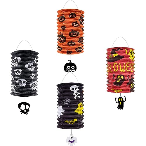 KEELYY Halloween Papierlaternen, 4 pcs Halloween Papier Laternen Dekoration, Geist Schläger Spinne Kürbis Laternen Faltbare und Hängbare, Papierlaternen Halloween Deko für Outdoor, Indoor, Garten von KEELYY