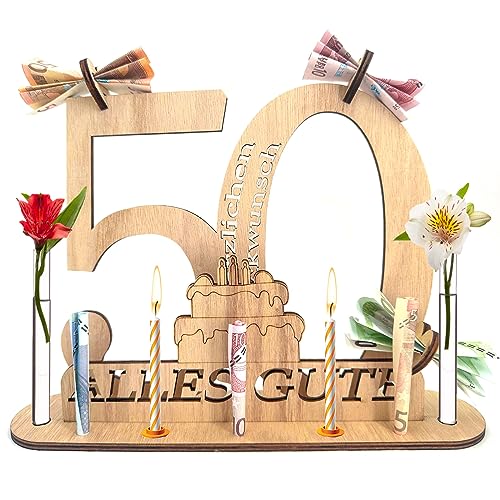 KEELYY Holz Schild Gästebuch 50 Geburtstag - Geburtstag Jubiläum für 50 Jahre Mann Frau - Gästebuch Geburtstag als Personalisierbares Geschenk - 50 Geburtstag Deko mit Ständer und Kerzenhalter von KEELYY