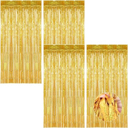 KEELYY Lametta Vorhänge Gold Glitzer, 4 Stück 1 x 2m Party Vorhang Hintergrund Dekoration Folien Fransen Metallisch Tinsel Curtain für Partydeko Geburtstag Hochzeit Abschluss Neujahr von KEELYY