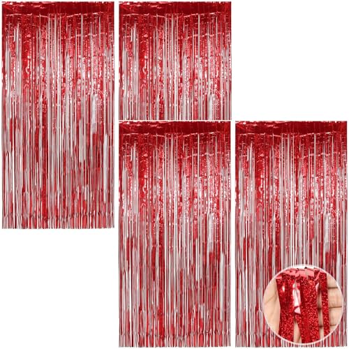 KEELYY Lametta Vorhänge Rot Glitzer, 4 Stück 1 x 2m Party Vorhang Hintergrund Dekoration Folien Fransen Metallisch Tinsel Curtain für Partydeko Geburtstag Hochzeit Abschluss Neujahr von KEELYY