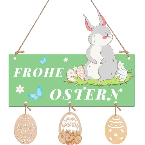 KEELYY Türschild Frohe Ostern, Holz Dekoschild für Ostern, Osterdeko mit Osterhase, Holzschild Hase zum Aufhängen für Haustür, Osterparty, Dekoration von KEELYY