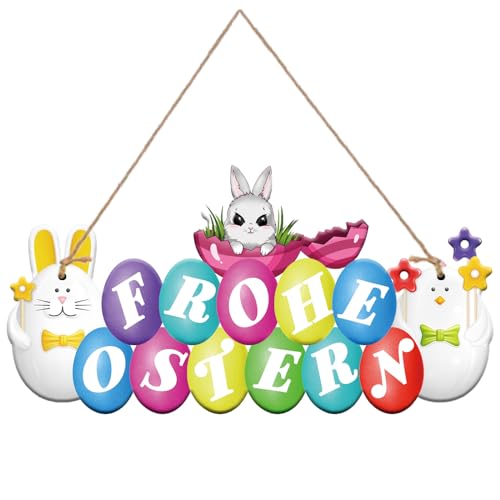 KEELYY Türschild Frohe Ostern, Holz Dekoschild für Ostern, Osterdeko mit Osterhase Ostereier, Holzschild Ostern zum Aufhängen für Haustür, Osterparty, Dekoration von KEELYY