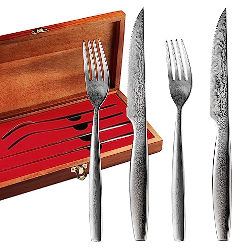 KEEMAKE Damast Messer Steakbesteck Set 4PCS, Damast Steakmesser Set mit Wellenschliff und Steakgabel, Tafelbesteck mit Holzes Geschenkbox von KEEMAKE