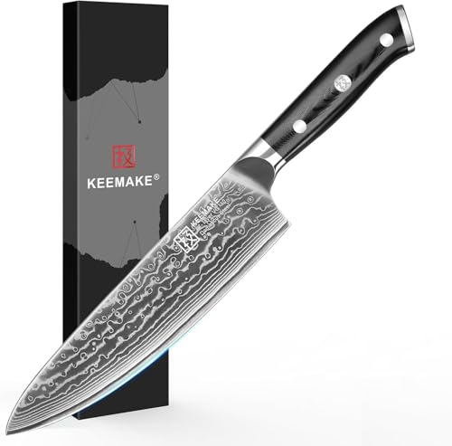 KEEMAKE Damastmesser Kochmesser 20cm, Küchenmesser Scharfes Messer aus 67 Schichten Damaststahl mit G10 Griff von KEEMAKE