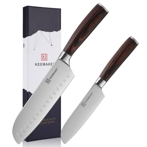 KEEMAKE Messerset Santoku Messer Set - 2tlg Küchenmesser Set Profi Messer aus Edelstahl Scharfe Messer Santokumesser Set Kitchen Knife Set von KEEMAKE