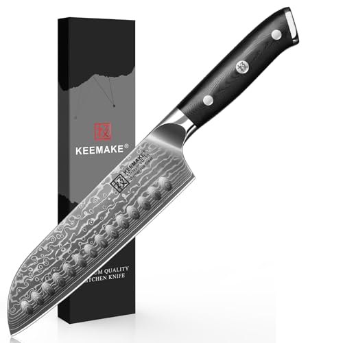 KEEMAKE Damast Santokumesser 17,8cm - 67 Schichten Damaststahl Japanische Kochmesser Küchenmesser Profi Messer, Scharfe Messerklinge mit Ergonomischer G10 Griff von KEEMAKE