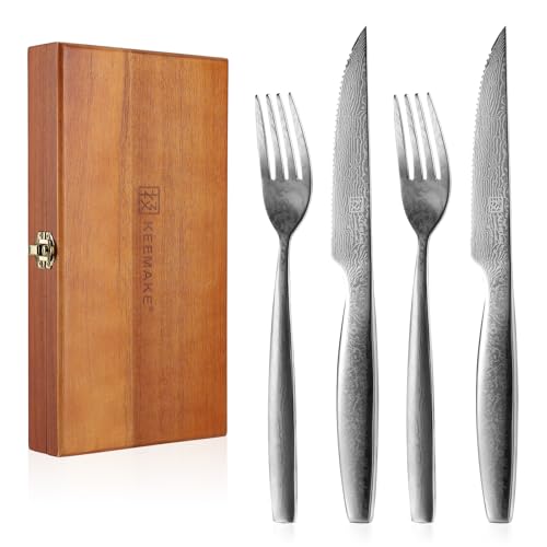 KEEMAKE Steakbesteck Set 4-teilig, Damast Steakmesser mit Wellenschliff und Steakgabel aus japanische VG-10 Cored&67-Schichten Damaststahl, Tafelbesteck mit Exquisite Holz Geschenkbox von KEEMAKE