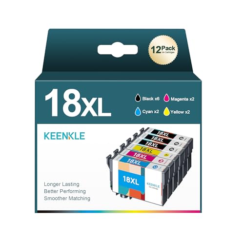 18 XL 18XL Multipack Druckerpatronen Kompatibel für Epson Druckerpatronen 18 für Epson XP 322 Druckerpatronen XP-215 XP-422 XP-412 XP-225 (‎‎‎‎‎‎‎6 Schwarz, 2 Cyan, 2 Magenta, 2 Gelb, 12er-Pack) von KEENKLE