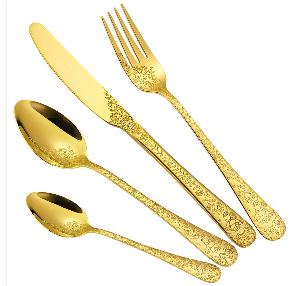 KEENZO Besteck-Set 24 teilig Edelstahl Gold Essbesteck Set florale Muster Griff (24-tlg), 6 Personen, Edelstahl von KEENZO