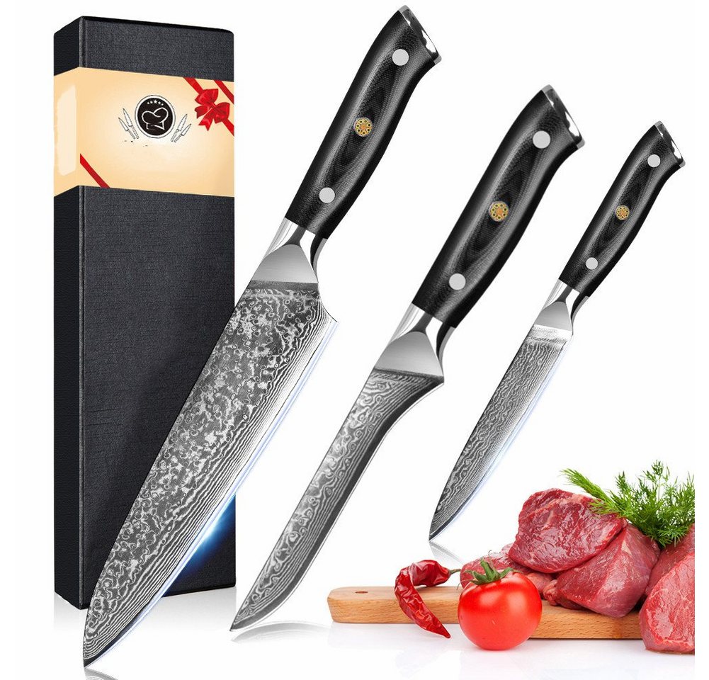 KEENZO Messer-Set 3tlg. Damaststahl Küchenmesser +Allzweckmesser+Filetiermesser (3-tlg) von KEENZO