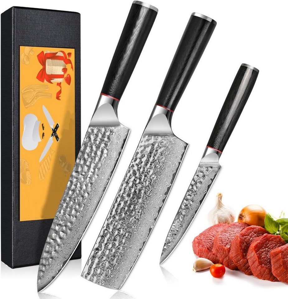 KEENZO Messer-Set 3tlg.Damaststahl Küchenmesser Set Hammerschlagoberfläche Damastmesser (3-tlg) von KEENZO