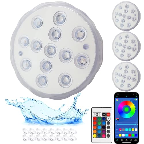 KEEPAQ 4 Stück Mini Unterwasser Licht mit Timer APP Fernbedienung, Wasserdichte Teelichter Warmweiße RGB Led Lights Batteriebetrieben für Halloween Weihnachten Party Hochzeit Dekoration von KEEPAQ