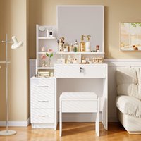 Moderner Frisiertisch mit Spiegel – Schminktisch 4 Schubladen 1 Hocker – 4 Ablageflächen – 87 x 40 x 144 cm – Weiß Moderner Frisiertisch mit Spiegel – Schminktisch 4 Schubladen 1 Hocker – 4 Ablageflächen – 87 x 40 x 144 cm – Weiß von KEEPBUYING
