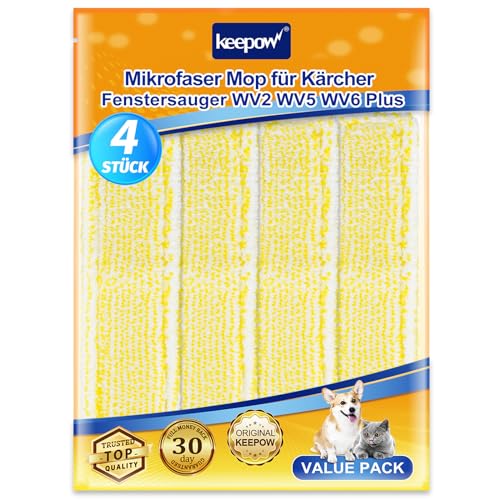 KEEPOW 4 Stück Mikrofaser Wischbezug für Kärcher Battery Window Vacuum Cleaner WV2 WV5 WV6 Plus, Ersatzteile für Kärcher Fenstersauger Tücher Wischmopppad, Gelb Indoor 2.633-130.0 von KEEPOW