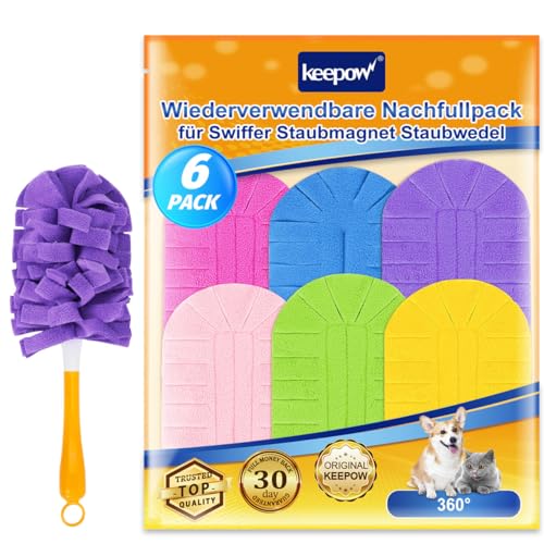 KEEPOW 6 für Swiffer Staubmagnet Nachfüllpack, Wiederverwendbar für Swiffer Staubmagnet Staubwedel, Super-absorbierende Mikrofaser für Swiffer Duster Teleskopstange - Perfekte Staubwedel Alternative von KEEPOW