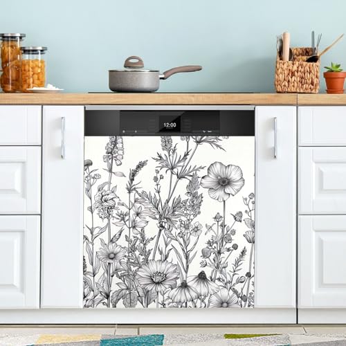 KEEPREAL Schwarze und weiße Blumen Geschirrspüler-Magnetabdeckung, Front-Geschirrspüler-Abdeckung, Dekoration, Heimschrank-Aufkleber, Geräte-Aufkleber – 58,4 cm L x 66 cm H von KEEPREAL