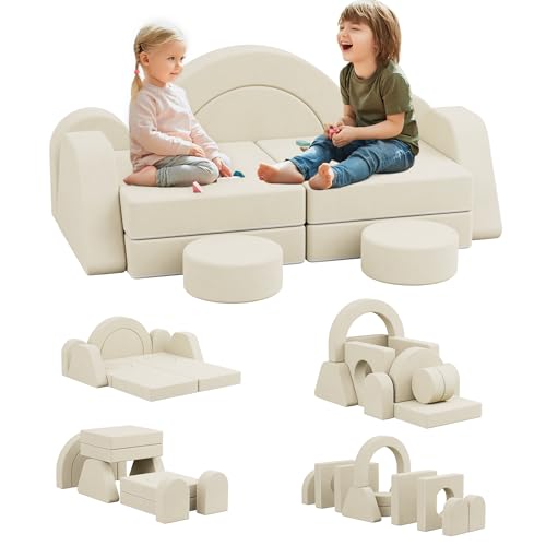 KEEPREAPER 12 TLG. Spielsofa für Kinder, 7 in 1 Modulares Kindersofa aus Schaumstoff, 2-Sitzer Kindercouch, Schlafsofa für Kinderzimmer (Beige, 2-Sitzer) von KEEPREAPER