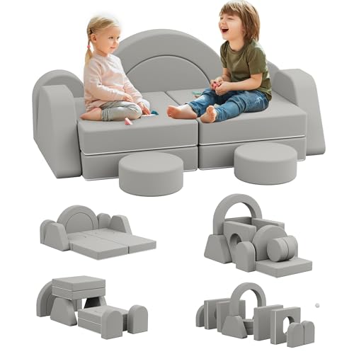 KEEPREAPER 12 TLG. Spielsofa für Kinder, 7 in 1 Modulares Kindersofa aus Schaumstoff, 2-Sitzer Kindercouch, Schlafsofa für Kinderzimmer (Grau, 2-Sitzer) von KEEPREAPER
