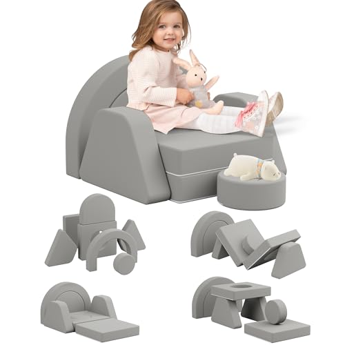 KEEPREAPER 7 TLG. Spielsofa für Kinder, 7 in 1 Modulares Kindersofa aus Schaumstoff, Kindercouch, Schlafsofa für Kinderzimmer (Grau, Einzelsitz) von KEEPREAPER