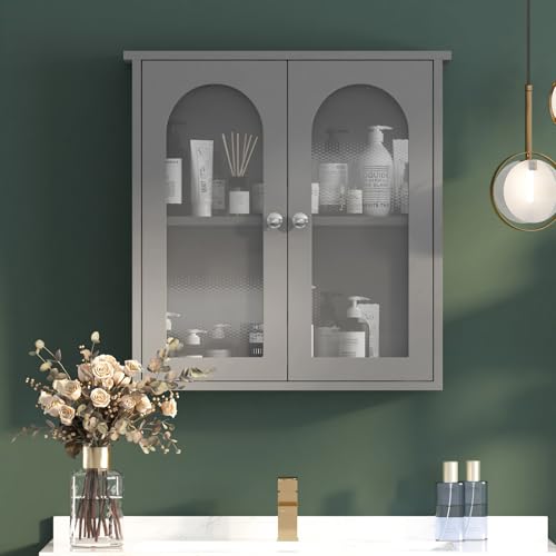 KEEPREAPER Badezimmer Hängeschrank mit 2 Türen- Wandaufbewahrungsschrank über dem WC inklusive offenem Regal, multifunktionaler Badezimmer Medizinschrank,Grau von KEEPREAPER