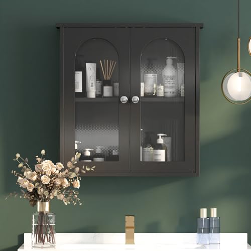 KEEPREAPER Badezimmer Hängeschrank mit 2 Türen- Wandaufbewahrungsschrank über dem WC inklusive offenem Regal, multifunktionaler Badezimmer Medizinschrank,Schwarz von KEEPREAPER