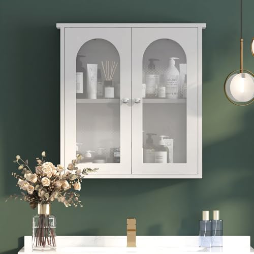 KEEPREAPER Badezimmer Hängeschrank mit 2 Türen- Wandaufbewahrungsschrank über dem WC inklusive offenem Regal, multifunktionaler Badezimmer Medizinschrank,Weiß von KEEPREAPER