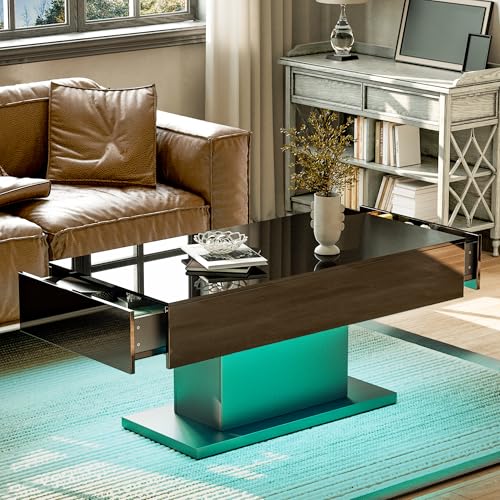 KEEPREAPER Couchtisch, Wohnzimmertisch mit LED Beleuchtung und 2 Schubladen für Wohnzimmer Hochglanz 110x55x50cm (Schwarz) von KEEPREAPER
