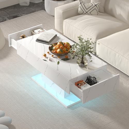 KEEPREAPER Couchtisch, Wohnzimmertisch mit LED Beleuchtung und 2 Schubladen für Wohnzimmer Hochglanz 110x55x50cm (Weißmarmor) von KEEPREAPER