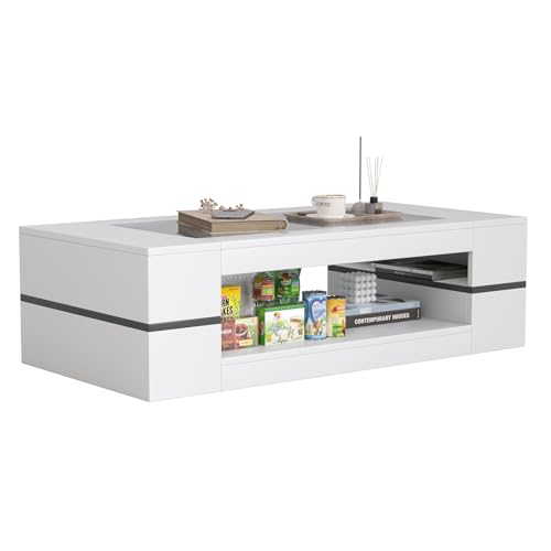 KEEPREAPER Couchtisch Glas weiß, Wohnzimmertisch rechteckig mit stauraum modern für Wohnzimmer, 120x60x35cm von KEEPREAPER